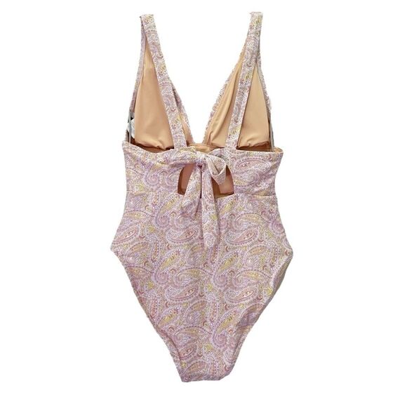 J. Crew Eco Plunge V-Neck One Piece Swimsuit Pink Beach Paisley Size 6 Tie Back - Picture 3 of 15